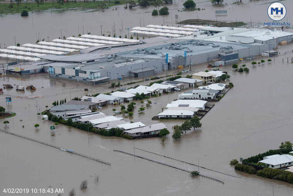 Woolworths Fairfield Central, aerial photograph during floods, 2019. 
