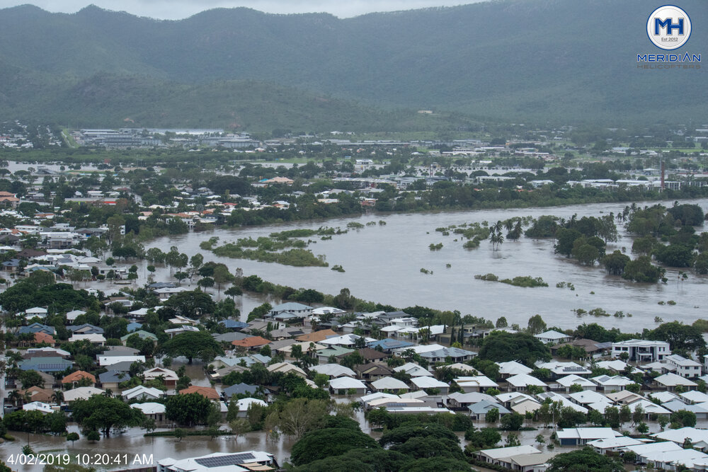Flooded Ross River overlooking Annandale and Lavarack Barracks, 2019. 