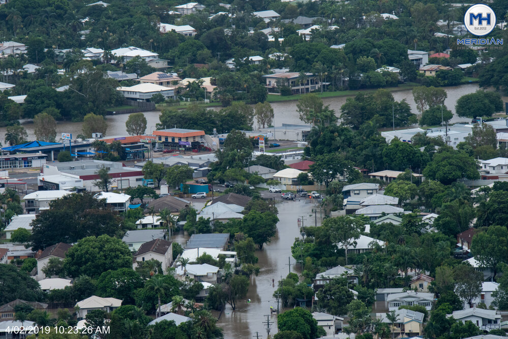 Inundated Hermit Park Streets overlooking flooded Mindham Park, aerial photograph during floods, 2019. 