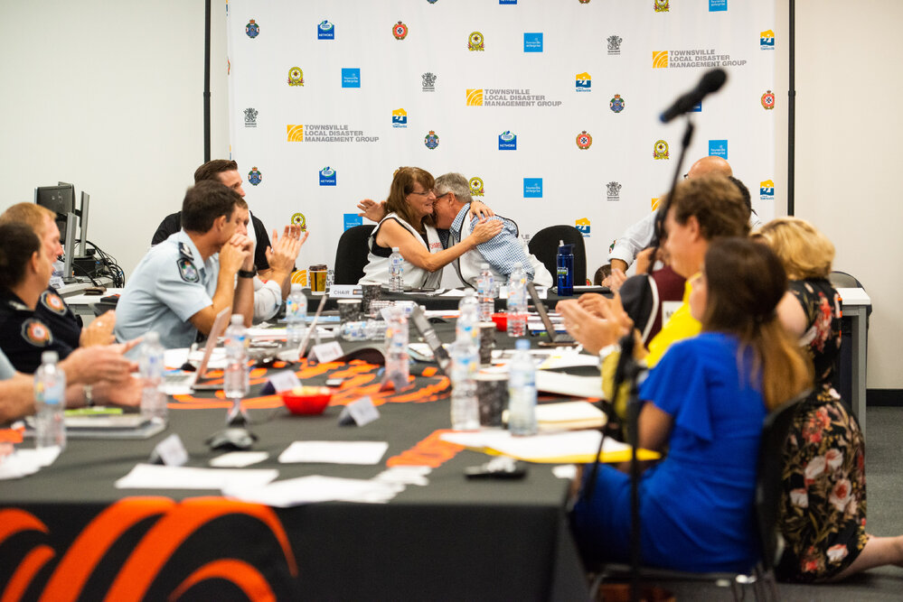Mayor Jenny Hill  and Local Disaster Coordinator Wayne Preedy embrace, Disaster Committee Meeting, 2019.