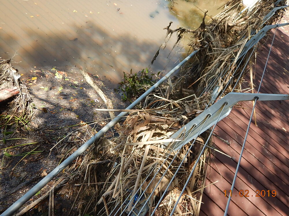 Submerged and debris covered Riverway boardwalk, 2019. 