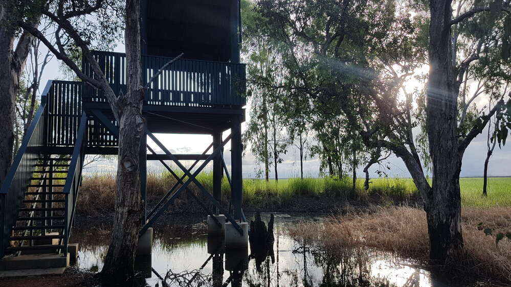 Payet's Tower bird hide after the flood, Town Common, 2019. 