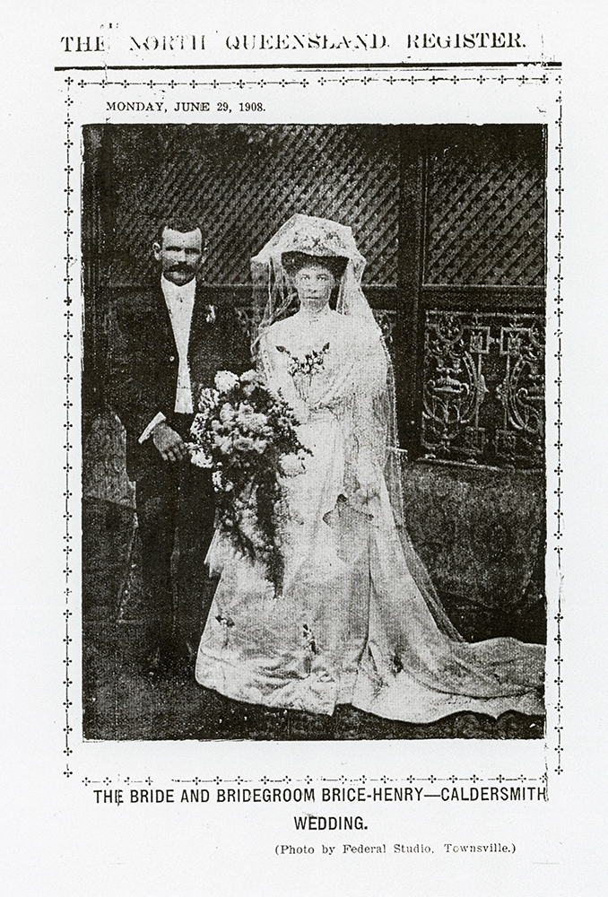 Wedding photograph of Brice Henry and Jeanie Caldersmith published in the North Queensland Register, Monday June 29, 1908