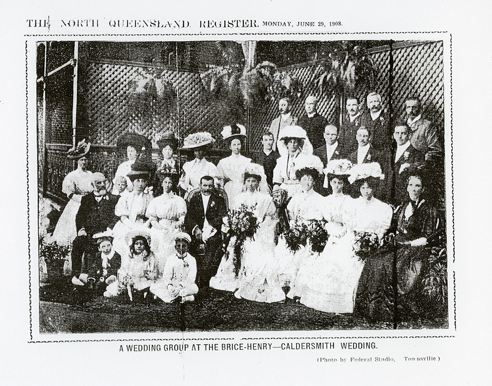 Wedding party of Brice Henry and Jeanie Caldersmith published in the North Queensland Register, Monday June 29, 1908