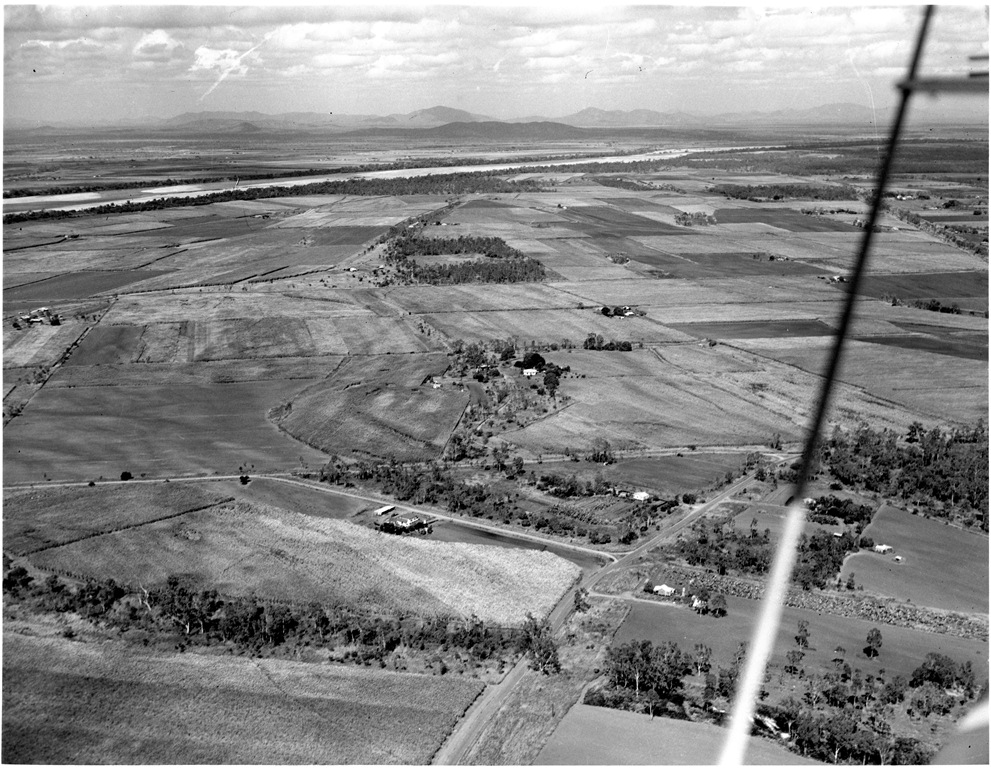 Canefields on the Burdekin Delta, 1957 or 1958, aerial view