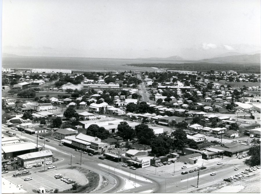 Oblique aerial view of South Townsville, showing the intersection of Palmer and Dean Streets, 1976