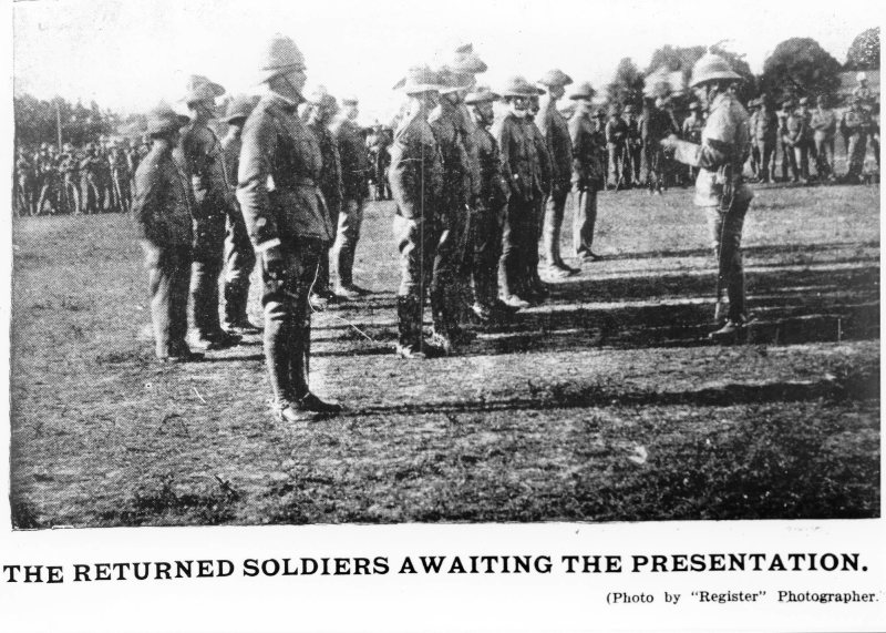 Returned soldiers (Boer War) awaiting the presentation by Colonel Finn. Townsville encampment 1901 