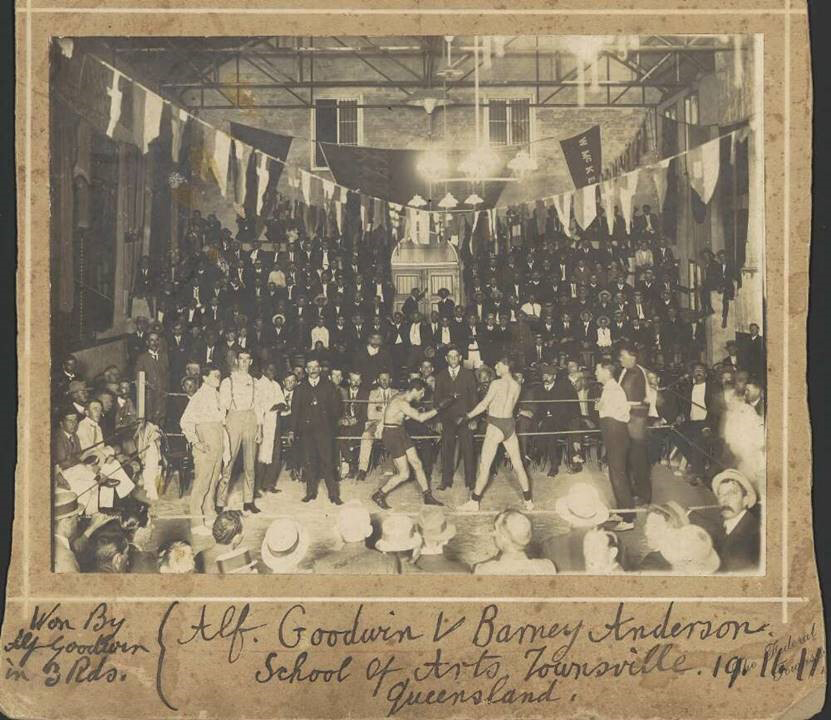 Boxing match at the School of Arts : Alf Goodwin v Barney Anderson, Townsville, 19 November 1911