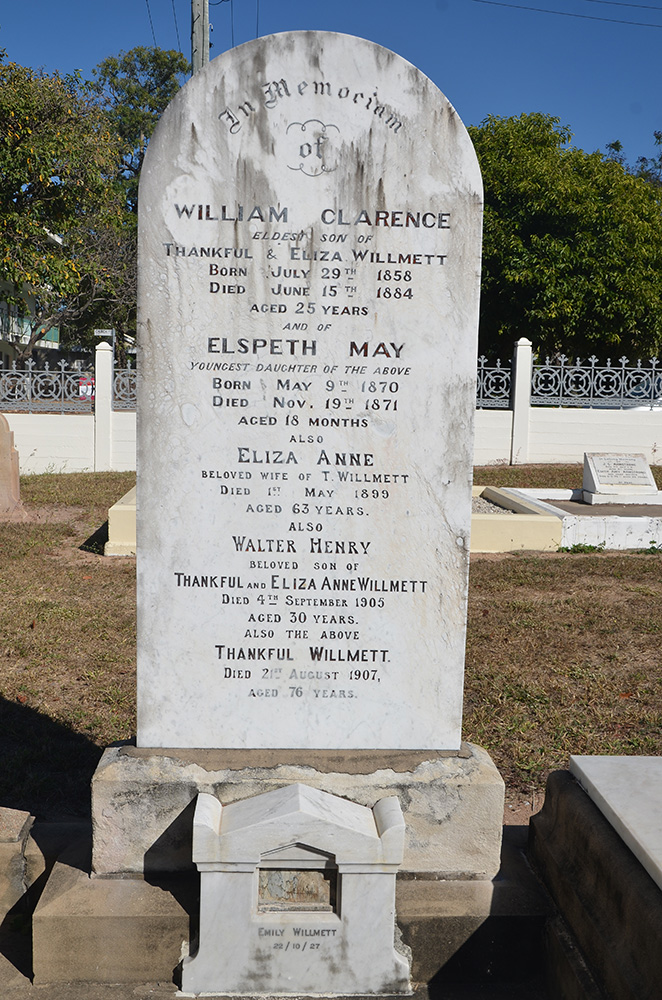 The headstone on the Willmett family grave, West End Cemetery, Townsville