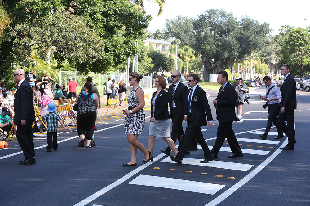 Prime Minister Julia Gillard arriving for the ANZAC Day parade, the Strand, Townsville, 25 April 2013