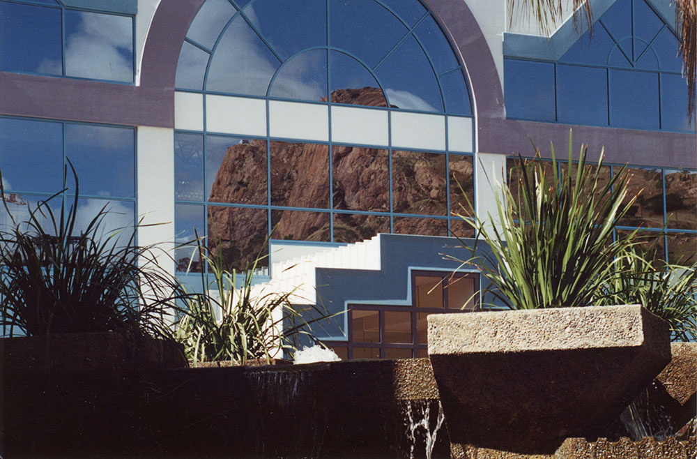 Castle Hill reflected in the windows of a Flinders Mall building, Townsville, 1991