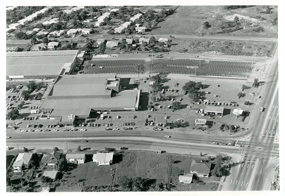 Nathan Shopping Plaza at the corner of Ross River Road and Nathan Street, Aitkenvale, Townsville. 1977. Aerial view