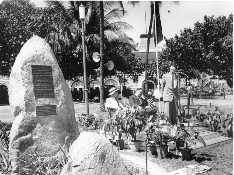 Dr. R.A. Douglas, M.B., B.S. (Melb.), M.C.R.P.(Lond.), M.R.A.C.P., a grandson of Andrew Ball, moving a vote of thanks to His Excellency the governor, Sir Henry Abel Smith, after the unveiling of the Centenary Memorial Plaque, Anzac Park, Townsville, 1964