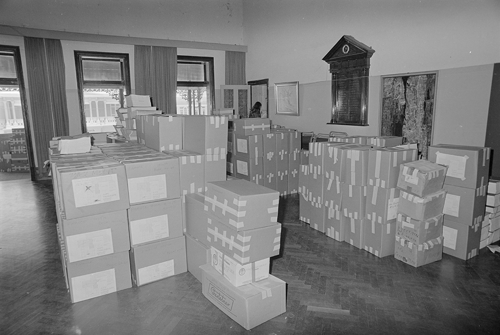 Packed council records in the old Town Hall prior to moving to the new administration centre, Townsville, 12th January 1976