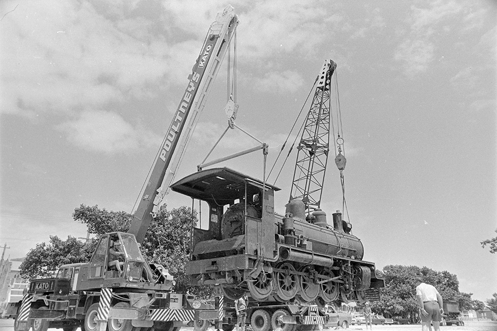 Installing a locomotive in Sister Kenny Park, Townsville Strand, 1973