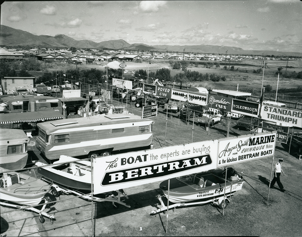 Car, boat and caravan exhibits at the Townsville Show, 1966