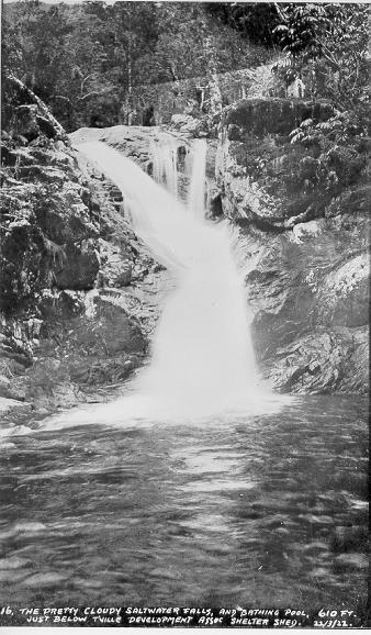 Cloudy Saltwater Falls and bathing pool, just below Townsville Development Association shelter, March 1922 