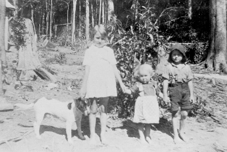 Paluma, children and dog at fourth camp site of Mount Spec Road, 1935 