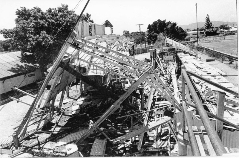 Demolition of the grandstand, Townsville Sports Reserve, North Ward, 1977. 