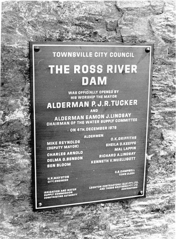 The plaque erected for the official opening of the Ross River Dam, Townsville, 1976. 