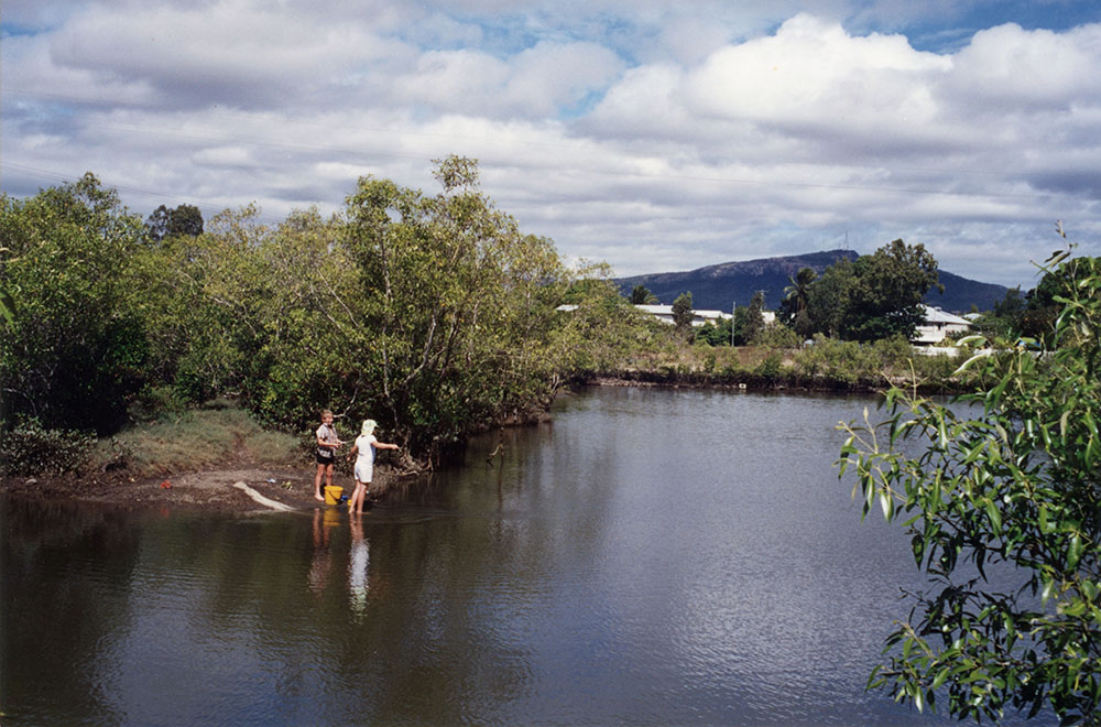 Children fishing in Ross Creek, Townsville, 1991