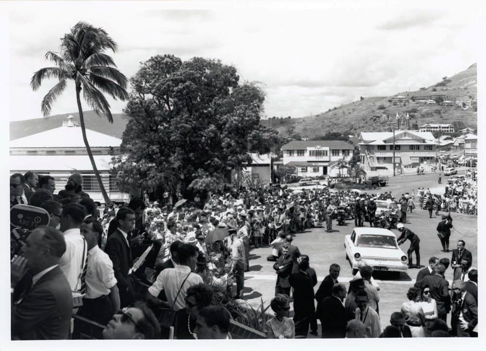Spectators awaiting U.S. President Johnson's arrival at St. James Cathedral, Townsville, 23.10.1966