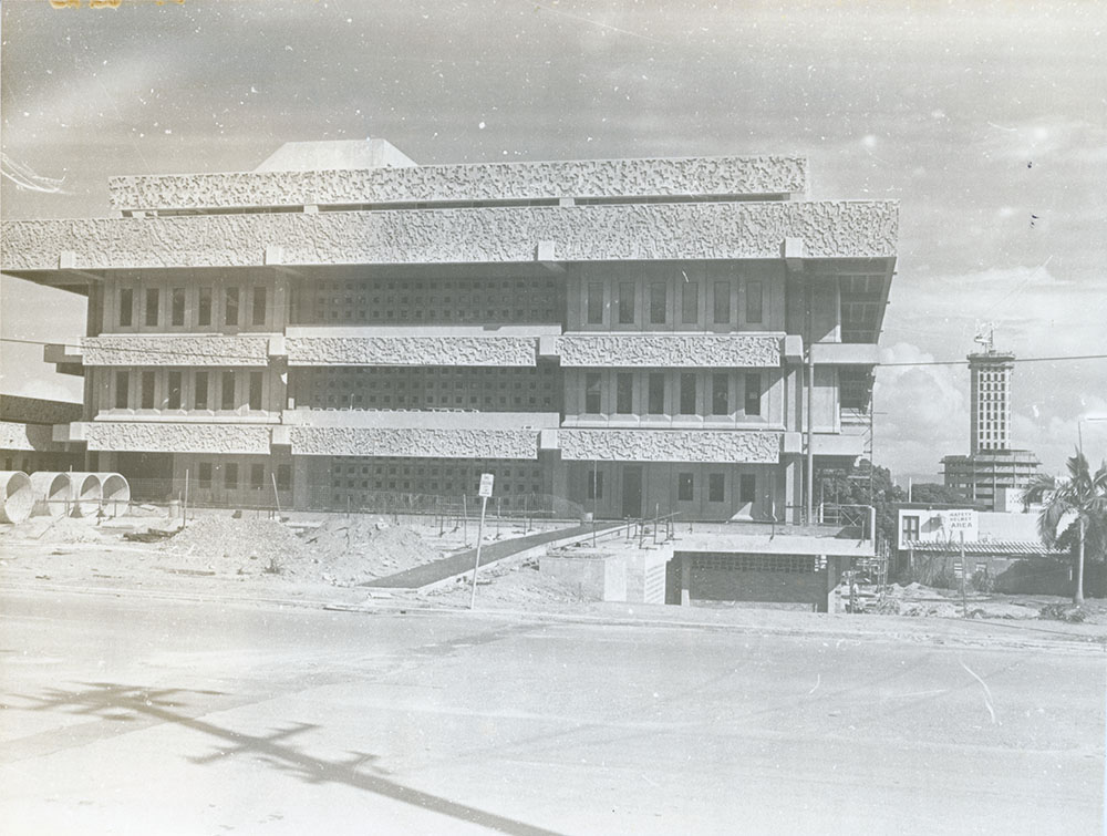 The new Townsville law courts nearing completion as seen from Wills Street, 10 January 1975