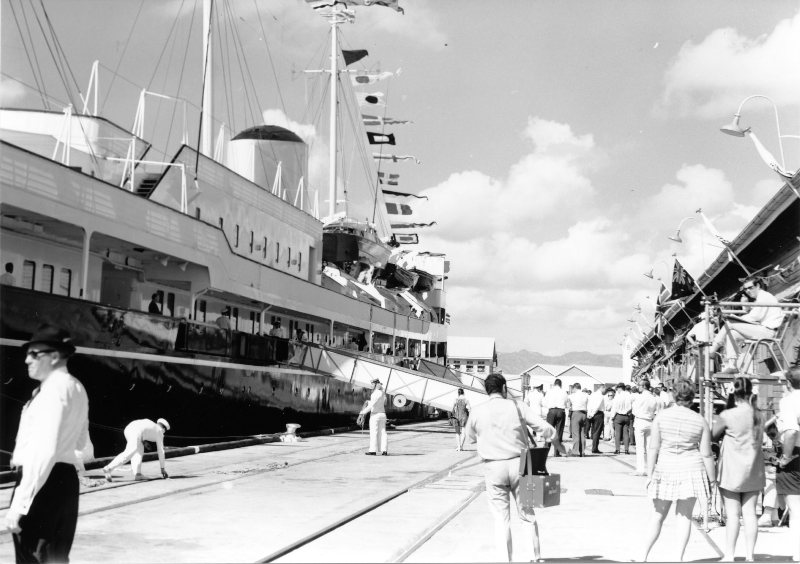 The royal yacht Britannia berthed in the harbour. 