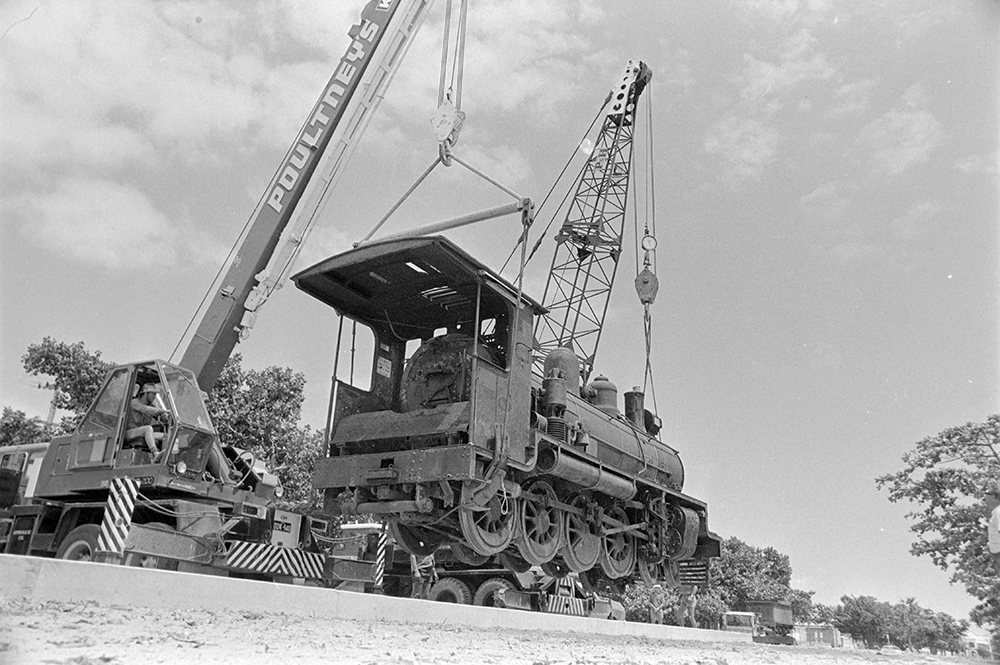 Installing a locomotive in Sister Kenny Park, Townsville Strand, 1973