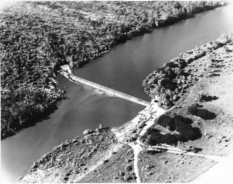 Black weir, on the Ross River, Townsville, 1967. Aerial view. 