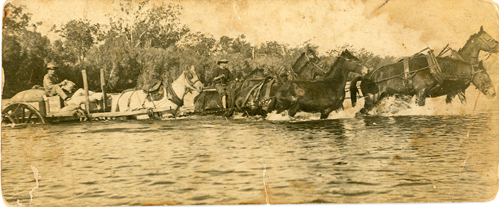 Jim and Bill Neilsen crossing the Burdekin River near Ravenswood with supplies, 1897