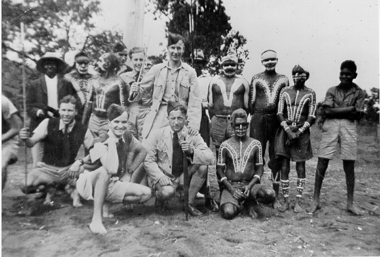 Jack Woodward and Gamblin' Wes with a group of Aborigines, ca 1940 