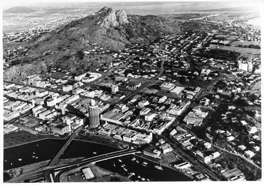 Aerial view of the city and Castle Hill, Townsville, 1976 