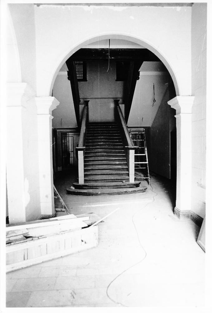 Entrance foyer and stairs of the Queens Hotel during conversion to television studios, Townsville, 1977