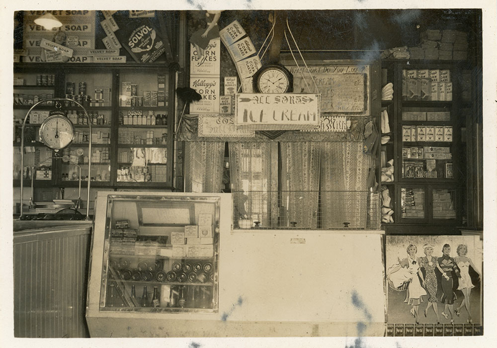 Stock and advertising in Philip Leong's first shop, Townsville, 1940's