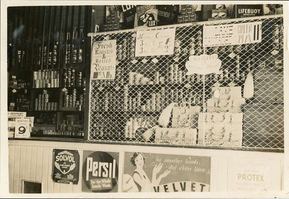 Stock and advertising in Philip Leong's first shop, Townsville, 1940's