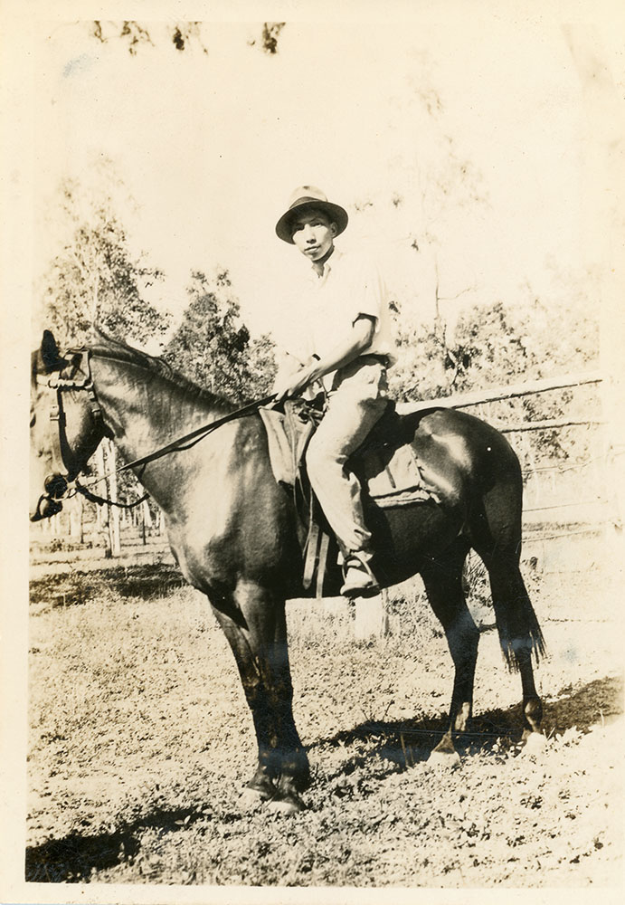Philip Leong on a horse, 1940's