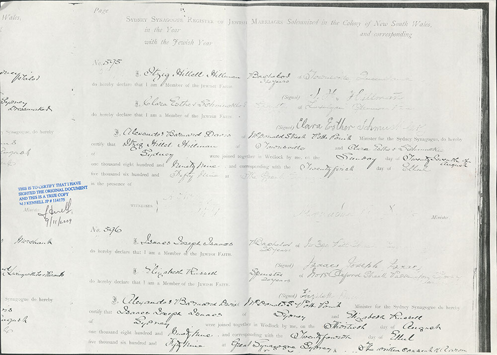 Sydney Synagogue register of Jewish marriages certificate for Clara Esther and Isaac Hillel (John) Hillman, ca. 1899