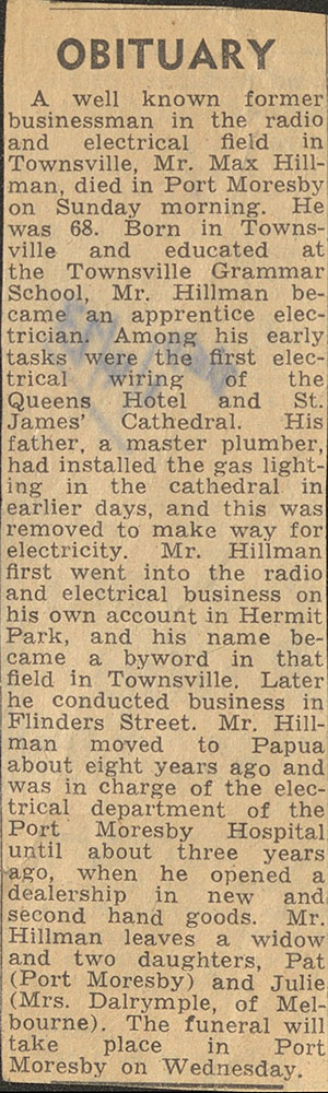 Obituary for Max Hillman, ca. 1972