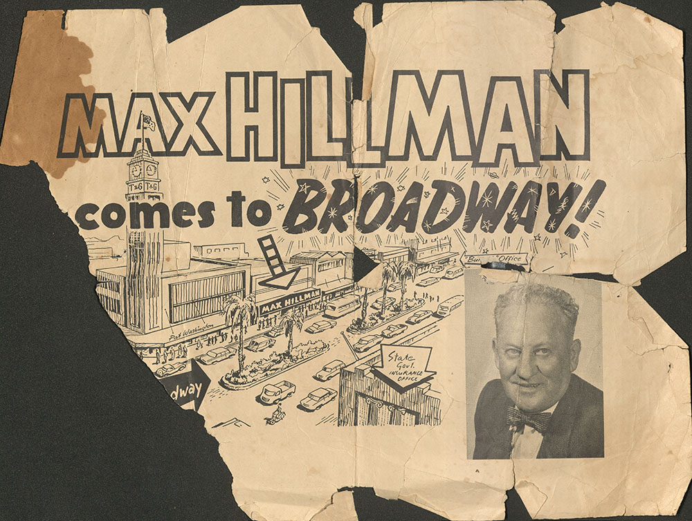 Max Hillman comes to Broadway, newspaper advertisement, ca. 1960
