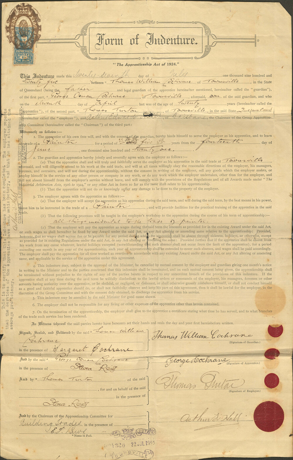 George Cochrane, Apprenticeship Form of Indenture