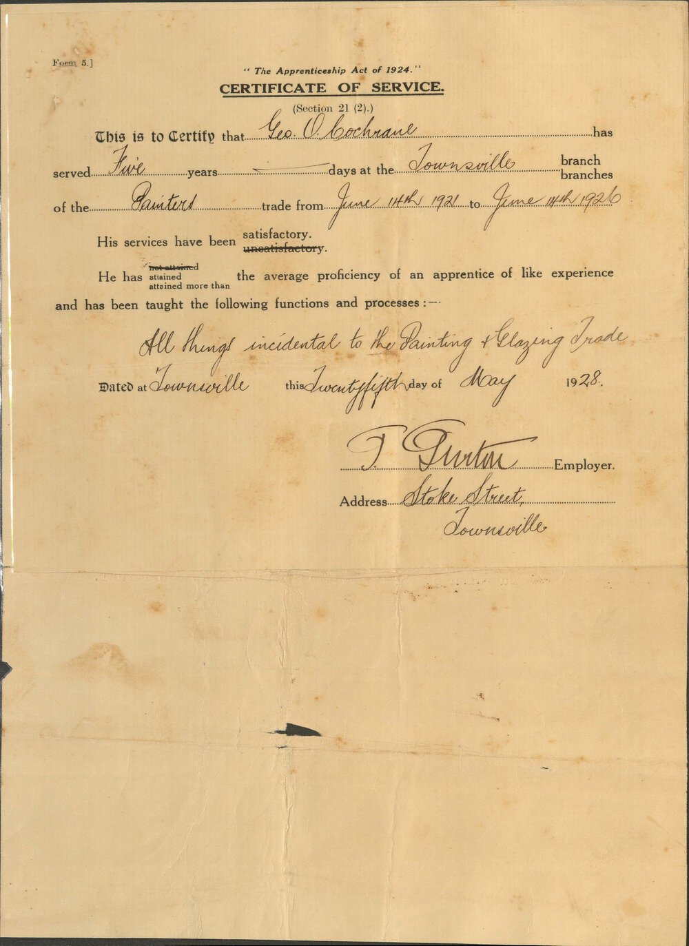 Apprenticeship Certificate of Service for George Cochrane