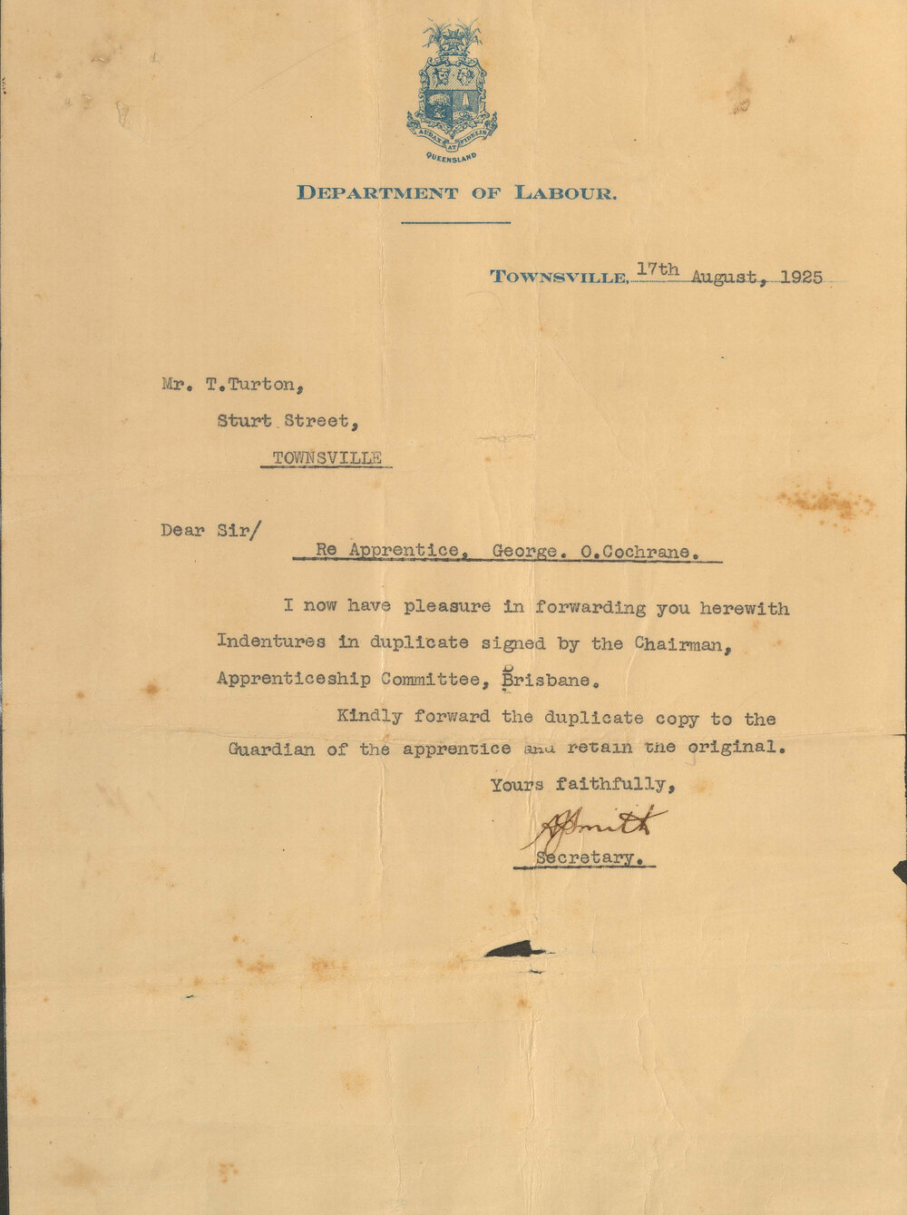 Department of Labour cover letter to Mr T. Turton