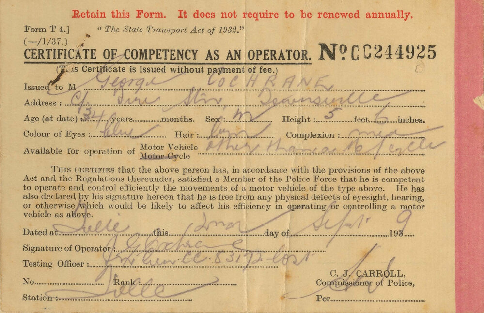 Certificate of competency as an operator for George Cochrane