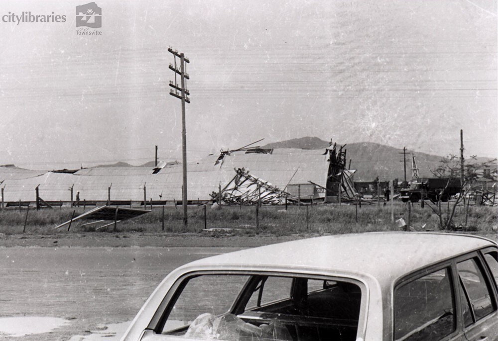 RAAF buildings near Council workshops damaged by Cyclone Althea, Townsville, 25th December, 1971
