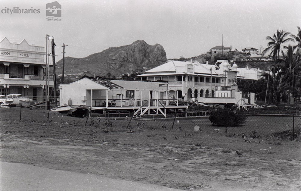Townsville Bowling Club and Queen's Hotel following Cyclone Althea, The Strand, Townsville, 25 December, 1971