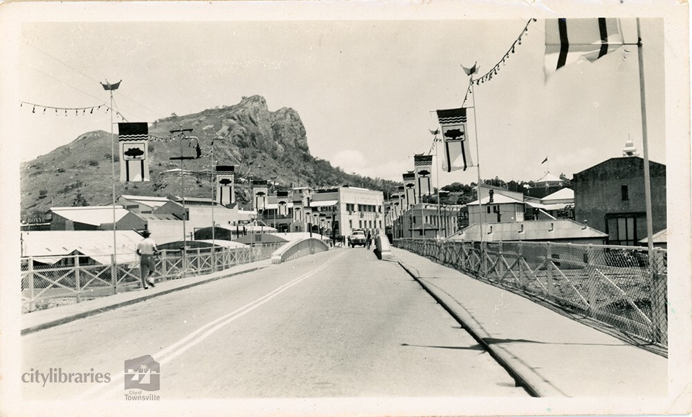 Victoria Bridge decorated for Queen Elizabeth II visit, Townsville, 1954