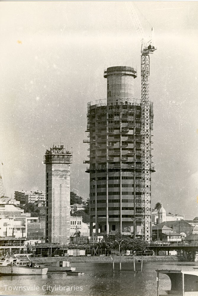 Hotel Townsville and the Ogden Street car park during construction, Townsville, 1975