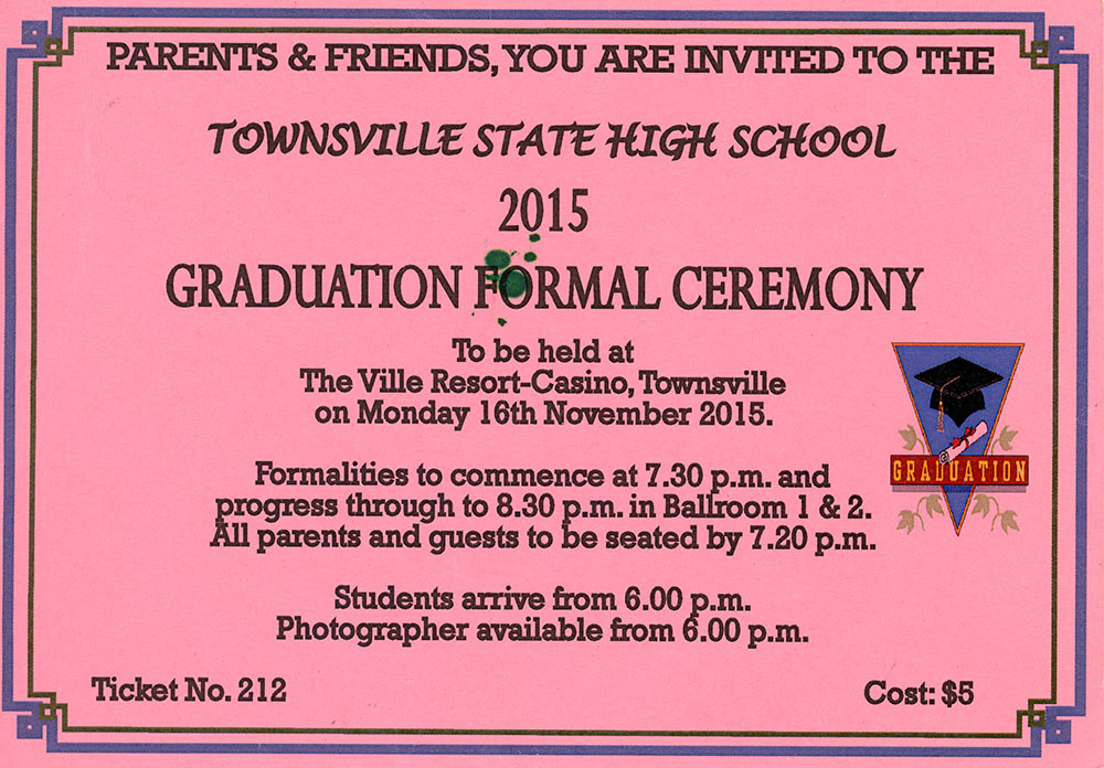 Townsville State High School 2015 Graduation Formal Ceremony invitation