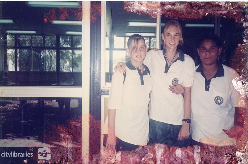 Celina, Sheridan and Romana, year ten students in front of the P block music room at Townsville State High School